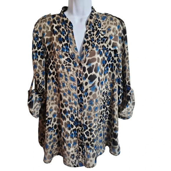 Investments Tops - Investments XL Semi Sheer Blue Brown Leopard Print Button Down Classic Blouse